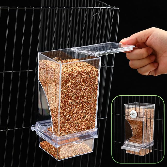 Yaomiao 4 Pcs No Mess Small Bird Feeders Automatic Parakeet Water Dispenser Clear Quail Feeder and Watered Cage Accessories for Small and Medium Parakeet Cockatiel Canary(Seed Feeder,Transparent)