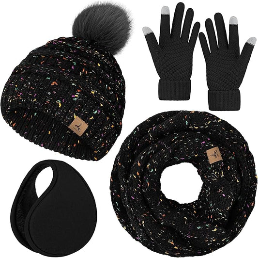 Winter Hat Scarf Gloves and Ear Warmer, Warm Knit Beanie Hat Touch Screen Gloves Set Winter Gifts Neck Scarves for Women