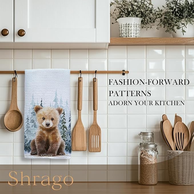 Winter Christmas Bear Kitchen Towels, Bear Lover Gifts Dish Tea Towels for Kitchen, Winter Pine Tree Forest Decorative Hand Towel for Kids Bathroom Decor, 16x24 Inch