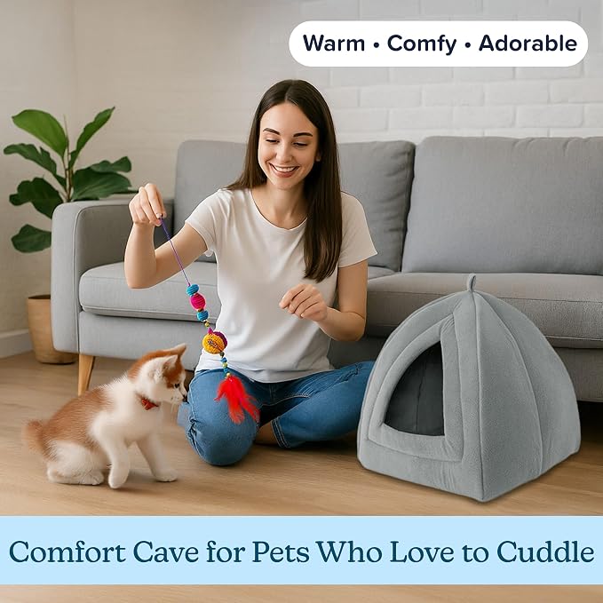 PETMAKER Indoor Cat House with Removable Foam Cushion, Gray, 13.5” x 15.75” | Plush Pet Bed Tent Hideaway with Cozy Soft Interior for Cats, Kittens, and Small Pets, Small Animal Sleep & Rest Space