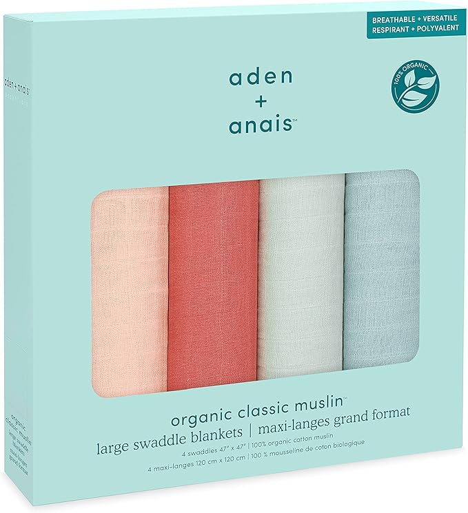 aden + anais Boutique Organic Swaddle Blanket 4-Pack – 100% Organic Cotton Muslin, Large, Soft, Breathable Receiving Blankets for Infants – Lightweight Multi-Use Baby Swaddles, Mother Earth