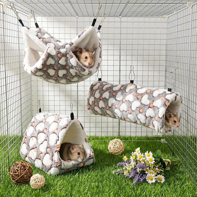 4 Pieces Ferret Hammock Set Ferret Cage Accessories Cozy Hanging Bed Tunnel Hideout Coffee Hearts Soft Coral Fleece Arctic Fleece for Hamster Guinea Pig Rat Squirrel