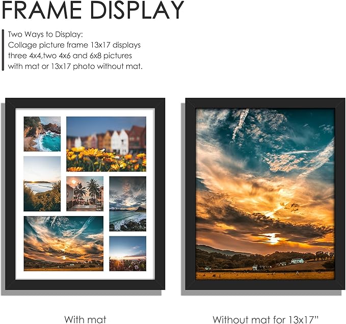 13x17 Picture Frame, Collage Picture Frame, Display Includes Three 4x4 Photos, Two 4x6 Photos and Two 6x8 Photos, for Available Horizontal Wall Mounting Display and Vertical, Black.