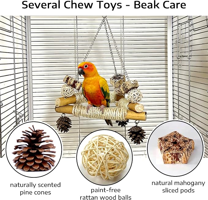 Bird Swing for Cage with Chew Toys, 3 Stable Sisal-Wrapped Perches(L) | Large Stable Triangle Design Perch Swing, Wooden Hanging Quaker Toy for Medium-Sized Bird Ring-Necked Caique Balance Training