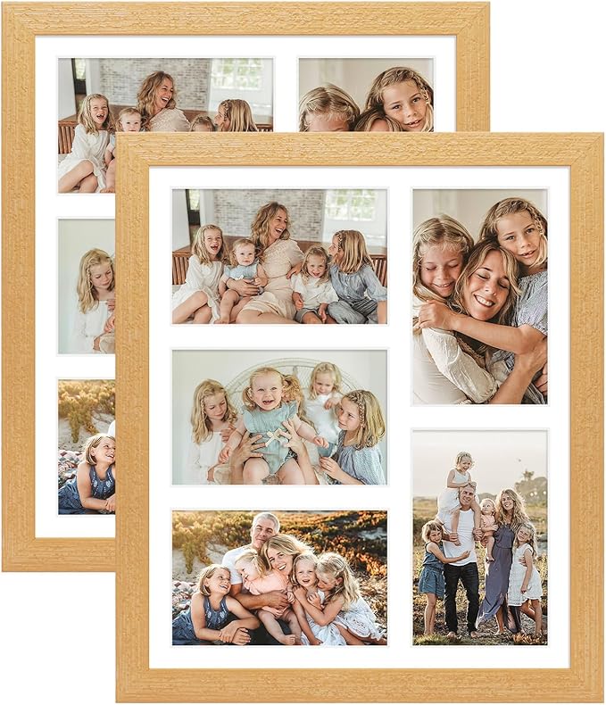 11x13 Collage frame with 5 Openings 4X6 Pictures, Multiple Picture Frame with Mat, Wall or Tabletop Decor, Natural Wood Grain,2 Pack