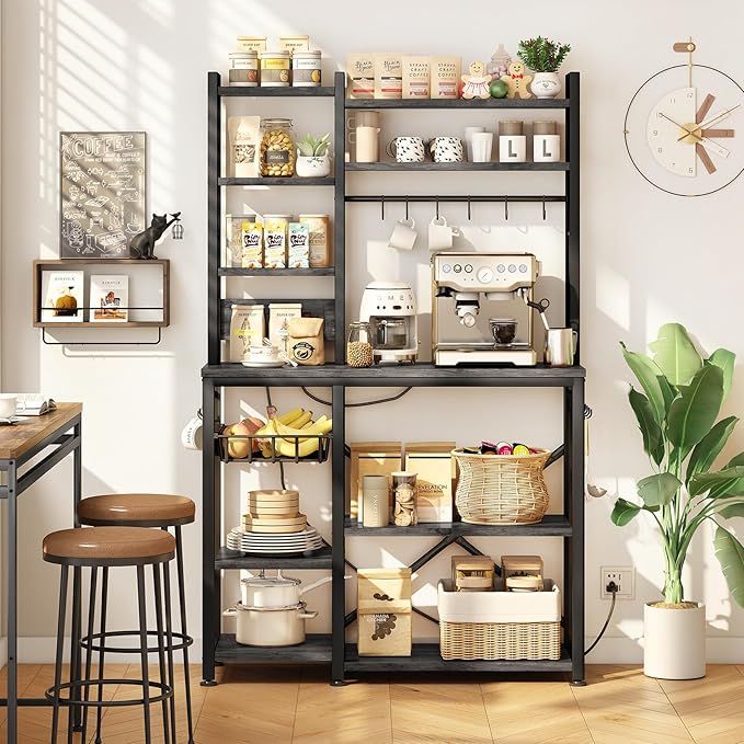 SNTD Baker Rack with Power Outlet - Microwave Stand with Storage, Large Coffee Bar Station with 14 Hooks, Metal Kitchen Shelf Rack for Spices, Pots (Rustic Grey)