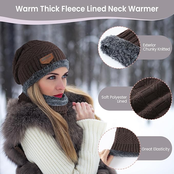 Winter Beanie Hat Circle Scarf Touchscreen Gloves Set, Snow Knit Skull Cap, Warm Thick Fleece Lined Neck Warmer for Men Women