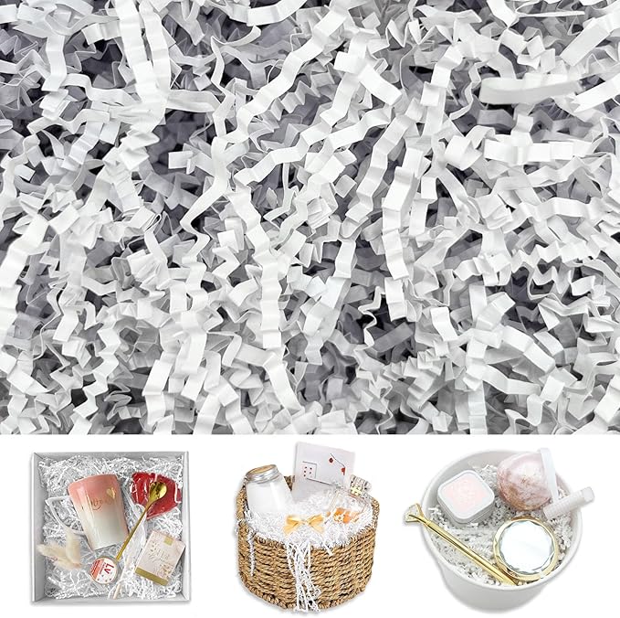 White Crinkle Cut Paper Shred Filler, 2 LB Basket Filler Shredded Paper, Confetti Stuffing for Basket Filling, Halloween, Thanksgiving, Christmas, Birthdays, Gift Wrapping, Stuffer Party Supplies