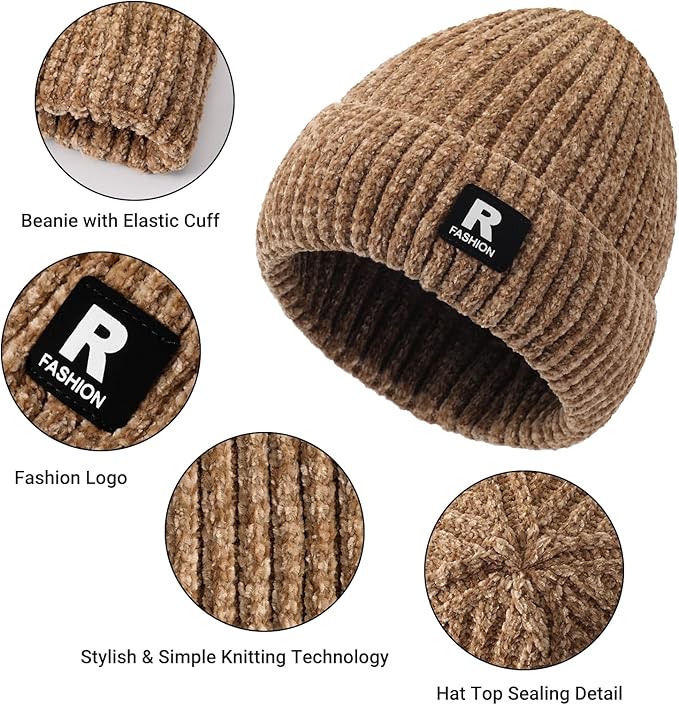 Winter Beanie Hat Circle Scarf Gloves Set for Men Women, Thick Warm Chenille Skull Cap Touchscreen Gloves Neck Warmer