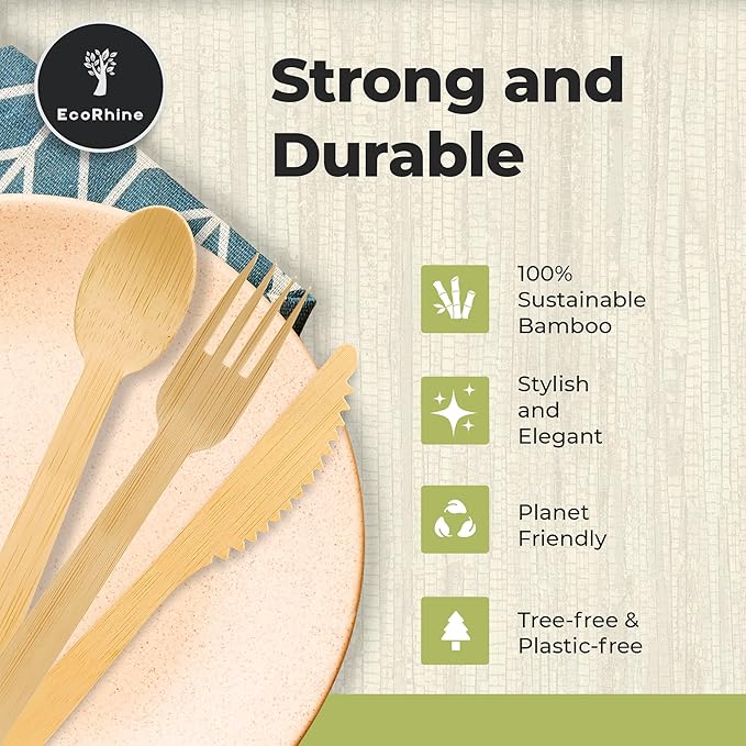 Disposable Bamboo Cutlery Set - 350 PCS Bamboo Utensil Set with 120 Compostable Forks, 120 Spoons, and 110 Knives - Disposable Cutlery Set for Outdoor, Party, Camping & More