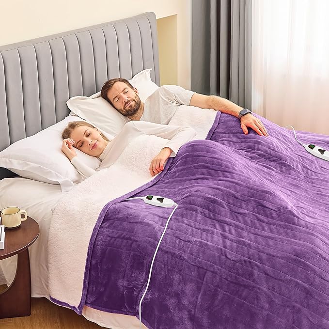 greenoak Heated Blanket Electric King Size 100"X90" Dual Control, Heating Blankets with 10 Levels 8 Hours Auto-Off, Soft Sherpa Fluffy House Warming Gifts for Grandma Seniors Momt,Wisteria