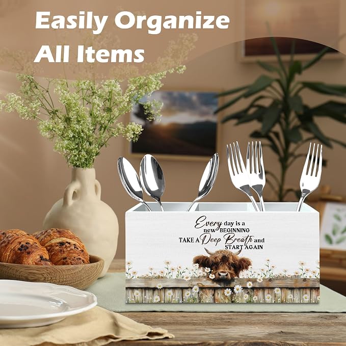 DILSJ Inspirational Highland Cow Pen Pencil Holder Organizer for Desk, Highland Cow Gifts for Women, Every Day Is a New Beginning Wooden Box Signs for Home Office Decoration Office & School Supplies