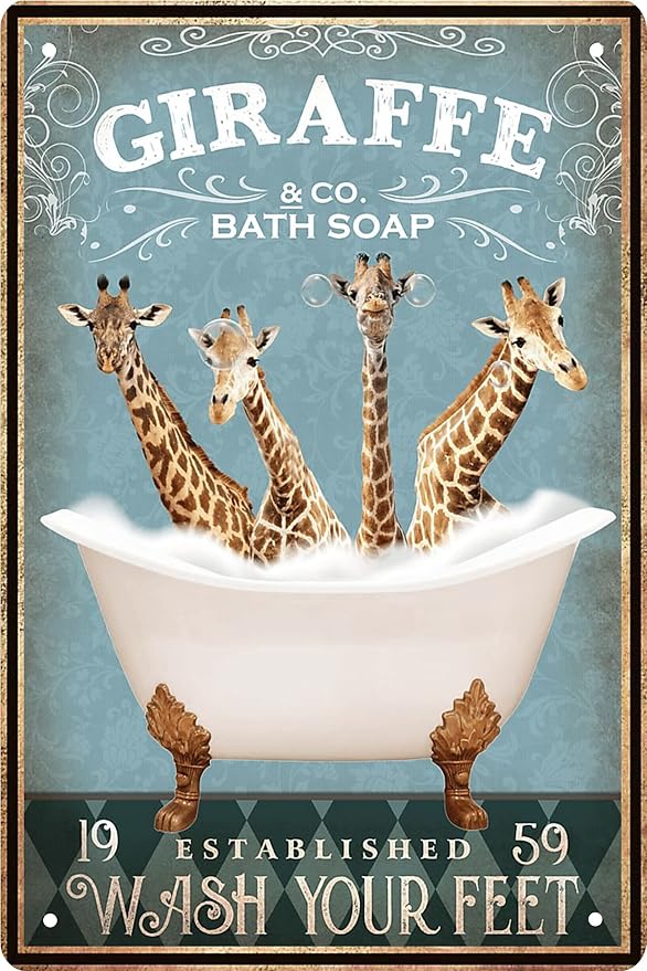 Funny Giraffe Decor Vintage Bathroom and Bathtub Metal Tin Sign Giraffe Pet Lovers Gift Farm Home Bar Man Cave Retro Wall Art Poster Accessories 8x12 in
