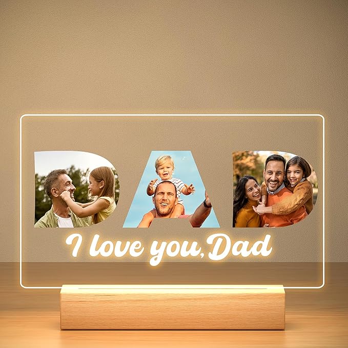 Personalized Picture Frame with Photos, Custom Photo Frame with Night Light, Custom Dad Frame, Personalized Dad Birthday Gifts, Personalized Father's Day Gifts for Dad from Daughter & Son