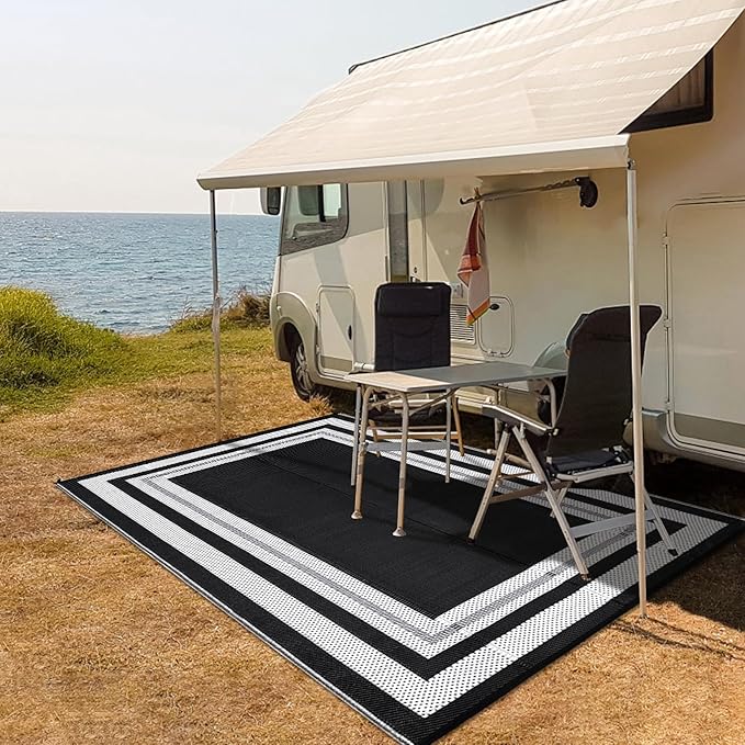 Waterproof Plastic Straw Outdoor Rug 9x18 Patio Reversible UV Resistant Foldable Camping Carpet Modern Border Large Outdoor Rugs for Deck, Picnic, Porch, Camper, Balcony, Beach，Black/White