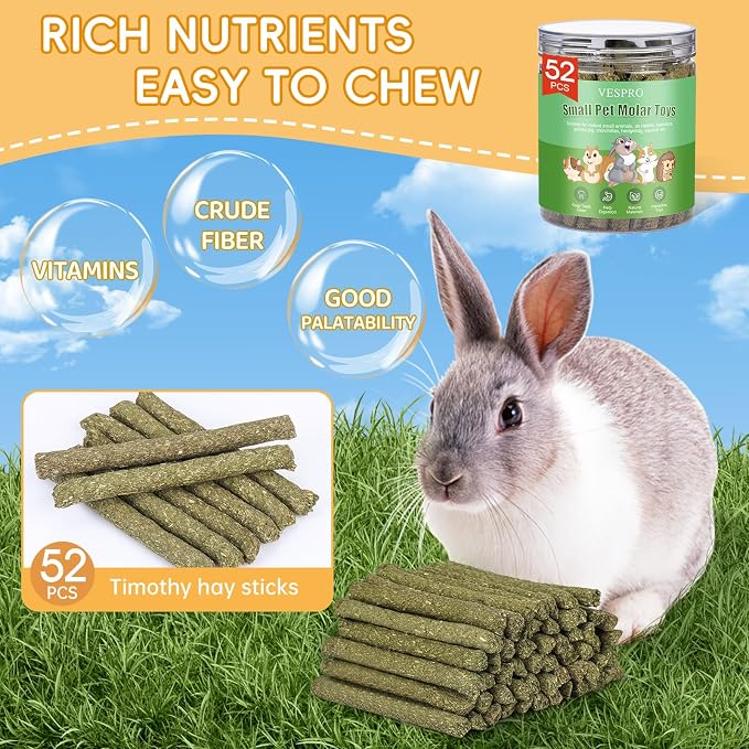52Pcs Rabbit Chew Sticks, Guinea Pig Toys, Natural Timothy Hay Teeth Stick | Timothy Grass Molar Teeth Stick, Guinea Pig Timothy Hay, Chew Toys for Bunny, Rabbits, Hamsters, Small Animals Treats