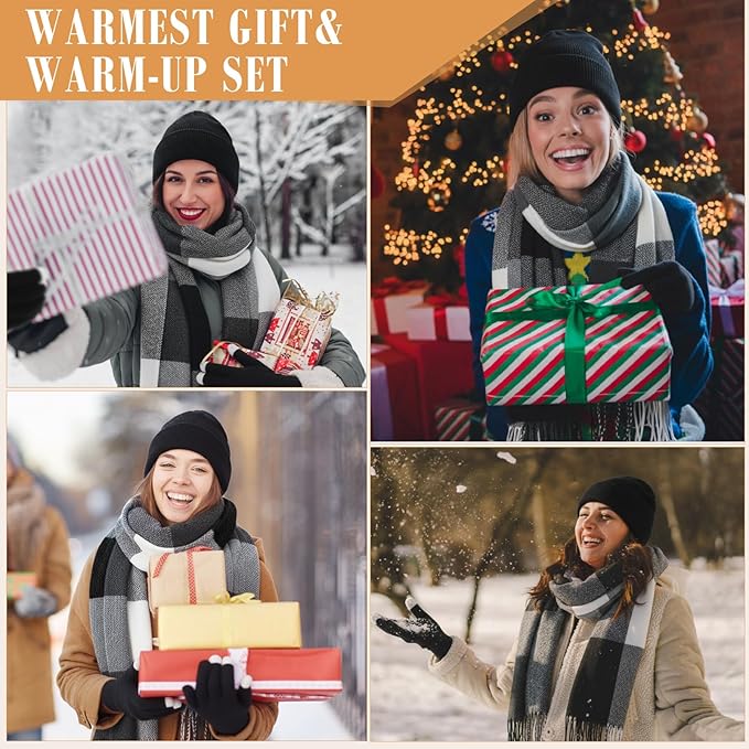 Geyoga 6 Pcs Winter Hat Scarf Gloves Set Knitted Touchscreen Gloves Plaid Scarf Earmuffs Socks Gift for Women Men