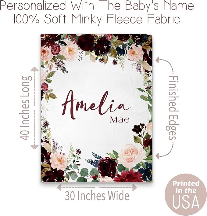 Girls Love A Monogram - Personalzied Maroon and Navy Floral Baby Blankets for Girls with Name - Personalized (Maroon & Navy 2, 30 X 40 Baby)