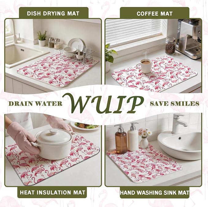 Pink Flamingo Dish Drying Mats for Kitchen Counter, Flamingo Gifts, Summer Pink Bird Absorbent Reversible Coffee Bar Mat Drying Pad for Kitchen Decor, 12x15 Inch