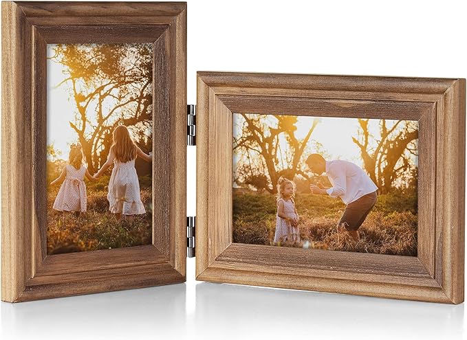 4x6 Double Hinged Picture Frame Folding Photo Frame Vertical and Horizontal in Distressed Farmhouse Wood Grain Pine Wood with Real Glass for Tabletop X2-MU-SH46