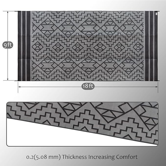 SAND MINE Reversible Mats, Plastic Straw Rug, Modern Area Rug, Large Floor Mat and Rug for Outdoors, RV, Patio, Backyard, Deck, Picnic, Beach, Trailer, Camping (9' x 18', Black & Grey)