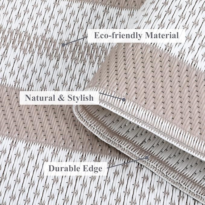 Patio Modern Border Outdoor Rug 10x14 Waterproof Large Reversible Camping Mat Foldable Lightweight Plastic Straw Outdoor Rug for Deck, Picnic, Porch, Camper, Balcony, Beach, Rv，Light Brown