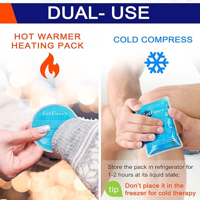 LotFancy Reusable Hand Warmer, 10 Click Activated Instant Heat Packs and 2 Wraps, Snap Hot Therapy Compress, Gel Heating Pad for Pain Relief, Outdoor & Portable Size