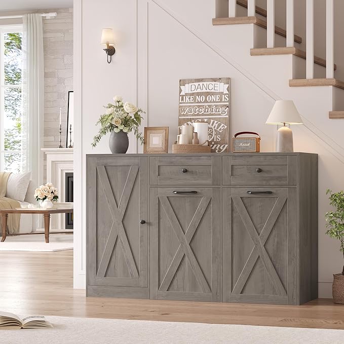 HOSTACK 12.5 Gallon Kitchen Trash Cabinet, 47" Double Trash Can Cabinet, Large Pull Out Can Storage Drawers, Wood Farmhouse Hidden Garbage Storage Buffet for Kitchen, Dining Room, Ash Grey