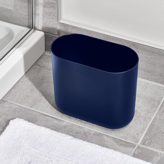 iDesign Small Slim Plastic Bathroom Trash Can, Garbage Can for Bedroom, Office, Desk, Dorm, Navy Blue