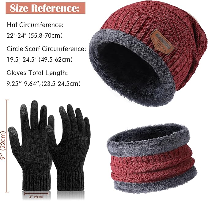 Winter Beanie Hat Circle Scarf Touchscreen Gloves Set, Snow Knit Skull Cap, Warm Thick Fleece Lined Neck Warmer for Men Women