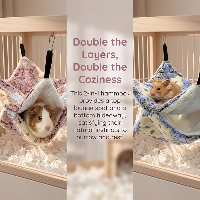 2 Pack Guinea Pig Hammock, Rat Hammock, Double Layer Bed | Cozy double-layer fleece hammock for rats, guinea pigs & more. Warm hideout, sturdy hooks, washable cage accessories.