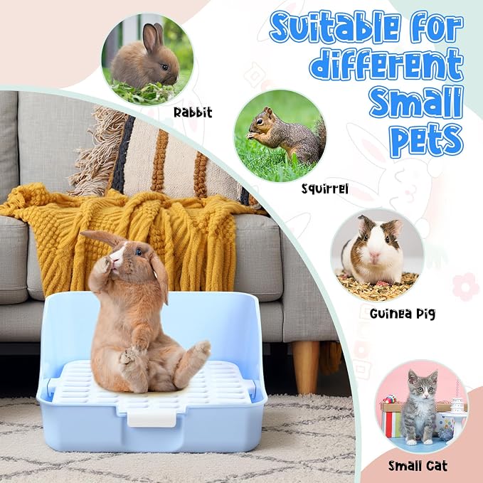 Reallnaive 15 Pcs Rabbit Starter Kit Small Rabbit Litter Box Girls Gift Animal Grooming Kit Bunny Toys Bowl Blankets with Cleaning Set for Guinea Pig Accessories(Candy Blue)