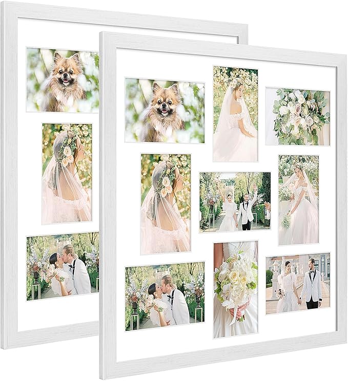 17x17 Collage frame with 9 Openings 4X6 Pictures, Multiple Picture Frame with Mat, Wall or Tabletop Decor, White Wood Grain,2 Pack