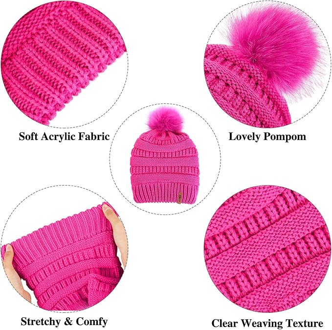 Aneco Womens Winter Warm Sets Knitted Fur Pompoms Beanie Hat Circle Loop Scarf Touch Screen Gloves Winter Favor Accessories