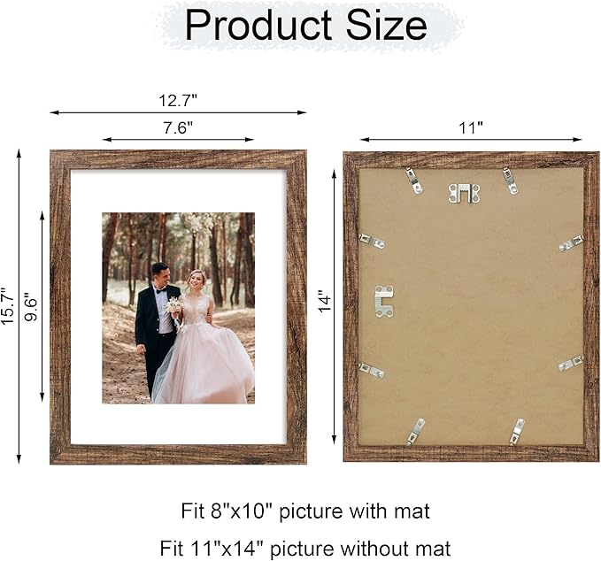 iRahmen 11x14 Picture Frame Set of 4 with Tempered Glass, Rustic Frame Display 8x10 Pictures with Mat or 11 x 14 Without Mat, Wooden Photo Frames for Wall Mounting