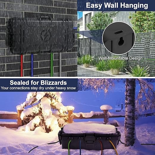 Medium Outdoor Electrical Box (11.6x5.2x4.1 inch), IP54 Waterproof Extension Cord Cover w/ 6 Cable Entry, Weatherproof Connection Box for Power Strip, Plug, Timer, Holiday Lights, Black