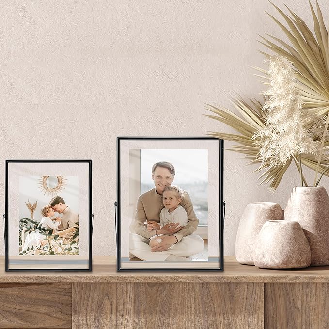 Vienrose Picture Frames for 4x6 3x5 2x3 Photo, Glass Floating Picture Frame, Black Tabletop Photo Frame for Home Wedding Party Office Decor
