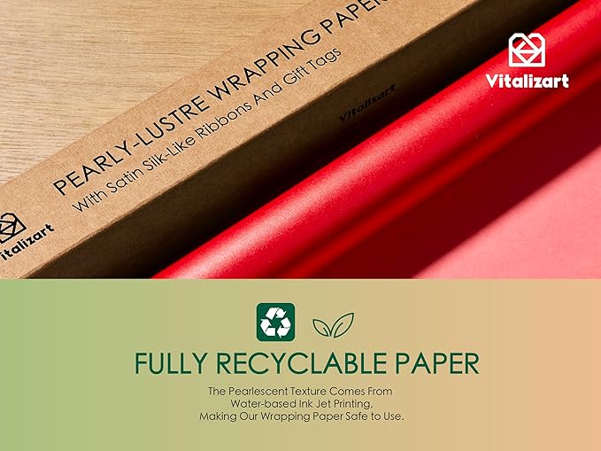 Vitalizart Red Wrapping Paper Set 17" Pearly-Lustre With Silk Like Satin Ribbon & Gift Tags Recyclable Christmas Gift Wrapping Birthday Baby Shower Wedding Handmade Crafts 197"(16.4 Ft)