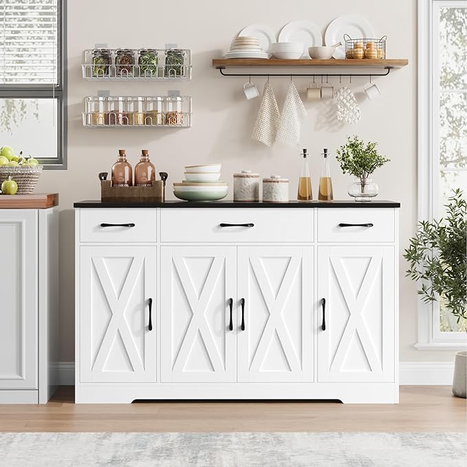 HOSTACK Buffet Sideboard Cabinet with Drawers, 55" Large Buffet Storage Cabinet with Shelves and Doors, Modern Farmhouse Coffee Bar Station Wood Kitchen Table for Kitchen, Dining Room, White/Black