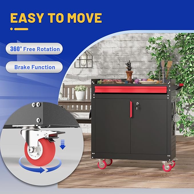 Eltean Metal Grill Cart - Outdoor Grill Cart with Storage,Grill Table with Wheels,Outdoor Bar Cart with Adjustable Shelf for Kitchen Prep and Patio BBQ