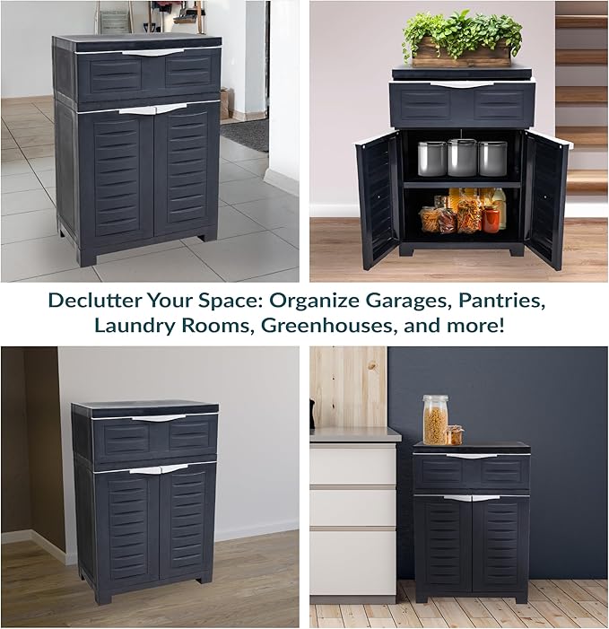 Sunnydaze 34.5" H Resin Garage Storage Cabinet - Garage Cabinet with Adjustable Shelf - Freestanding Utility Storage for Laundry Room, Office, Basement - Charcoal