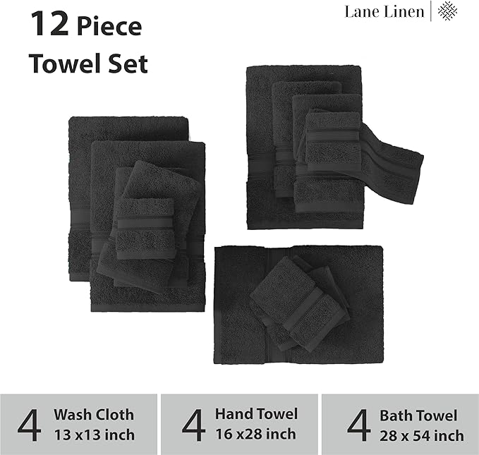 LANE LINEN 12 Pack Towels for Bathroom – 100% Ring-Spun Cotton, Zero Twist, 4 Bath, 4 Hand Towel & 4 Wash Cloths, Highly Absorbent, Remains Soft After Wash, Hotel & Spa Quality – Black