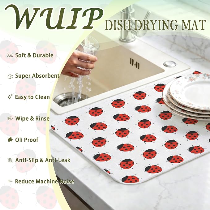 Cute Ladybug Dish Drying Mats for Kitchen Counter, Ladybug Lover Gifts, Red Ladybird Absorbent Reversible Coffee Bar Mat Drying Pad for Kitchen Decor, 12x15 Inch