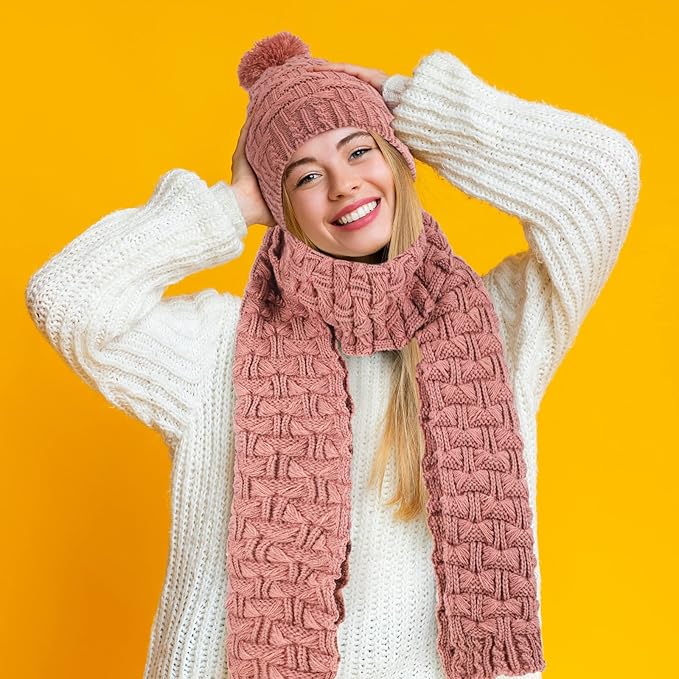 JenPen 4 Pcs Winter Hat Scarf and Gloves Set for Women Include Ear Cover Cold Weather Scarf Hat Knit Beanie Gloves