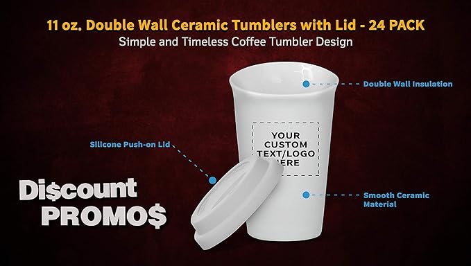 Personalized 11 oz. Double Wall Ceramic Tumblers with Lid - 24 Pack - Custom Text, Logo - White