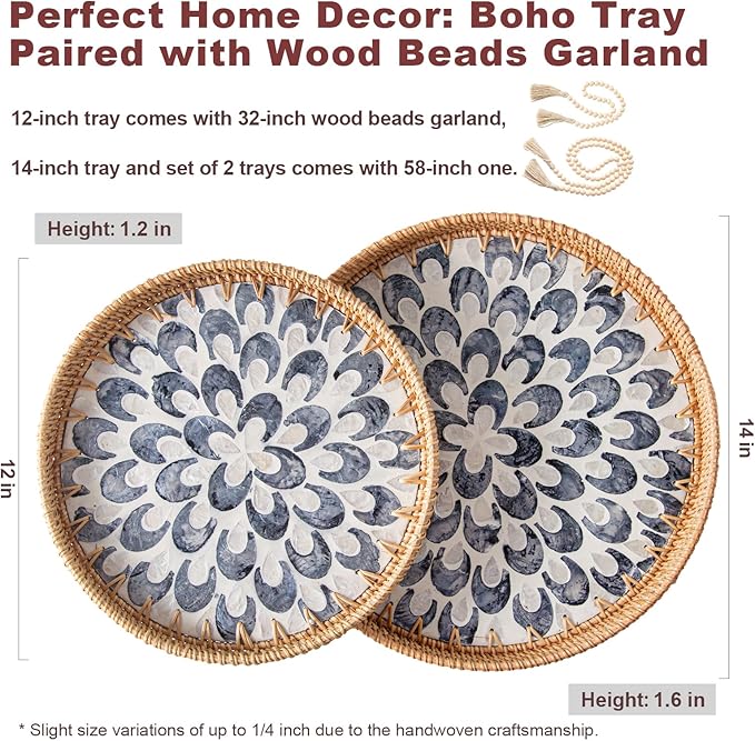 Round Rattan Tray Home Decor with Wood Bead Garland, 12'' Wicker Serving Tray with Mother of Pearl Inlay, Boho Decorative Tray for Coffee Table, Bathroom, Ottoman, Kitchen Table (Coastal Blue)