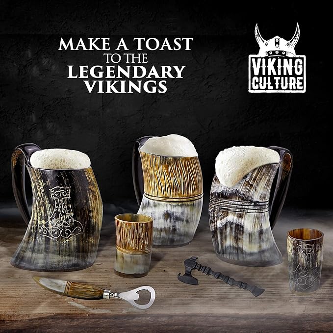 Viking Culture Ox Horn Mug, Shot Glass, and Axe Bottle Opener (3 Pc. Set) Authentic 16-oz. Ale, Mead, and Beer Tankard | Vintage Stein with Handle | Custom Intricate Design - Natural Finish | The Jarl