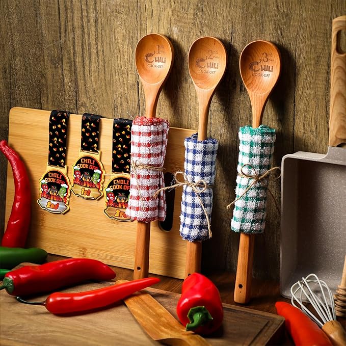 Quelay 9 Pcs Chili Cook off Trophies Prizes Set 1st 2nd 3rd Place Metal Medals Wooden Spoons for Cooking Cotton Towels Chili Cook off Decorations Cooking Gifts for Men Women Festivals Supplies
