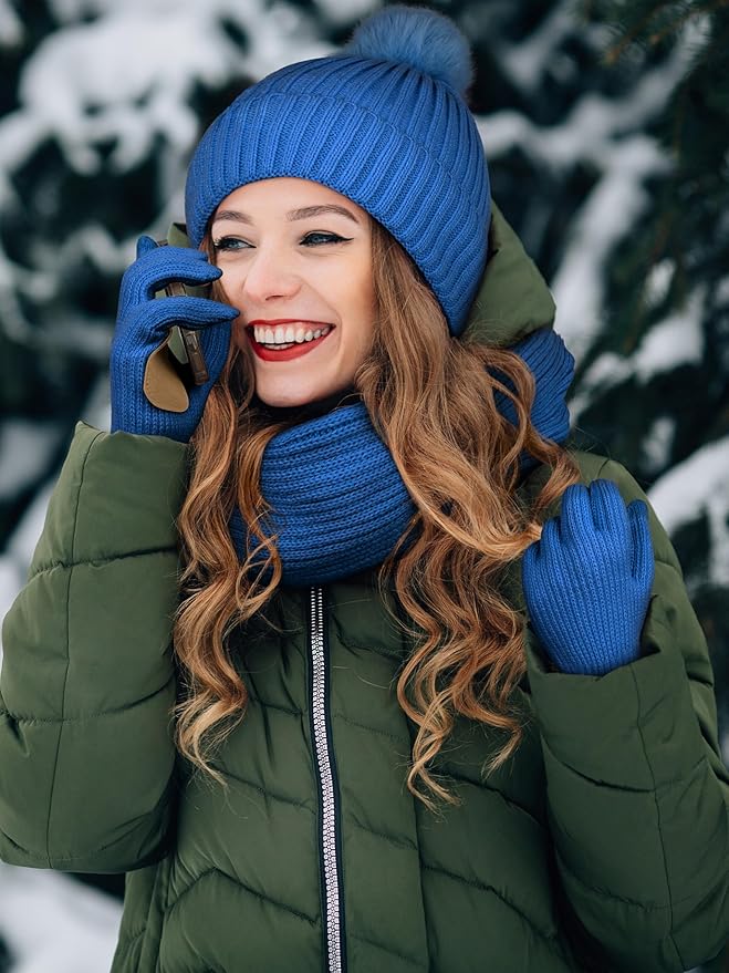 LOROME Women Winter Beanie Hat Scarf Gloves Set, Fleece Knitted Pompom Hat Warm Neck Scarf Touchscreen Gloves Winter Gift