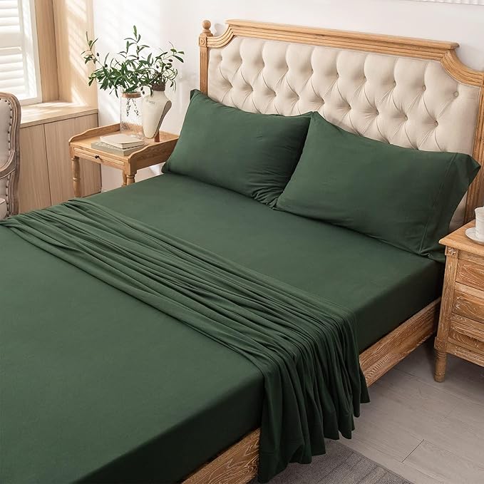 PURE ERA Jersey Knit 3pcs Bed Sheet Set 100% T-Shirt Heather Cotton Super Soft Comfy Breathable Fits Mattress Up to 20" Extra Deep Pocket (Forest Green, Twin XL)